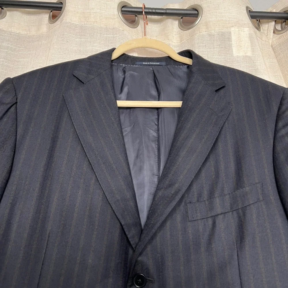 Ermegegildo Zegna 100% Wool Blazer Navy Blue Brown Stripe Men's Size EU 58 US 48